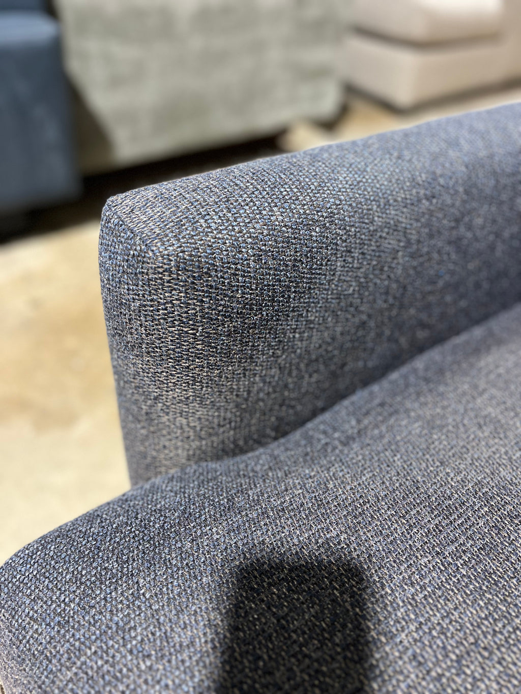 Crate & Barrel Lounge Deep 116” 3-Piece L-Shape Sectional in Taft Cobalt Linen Weave.
