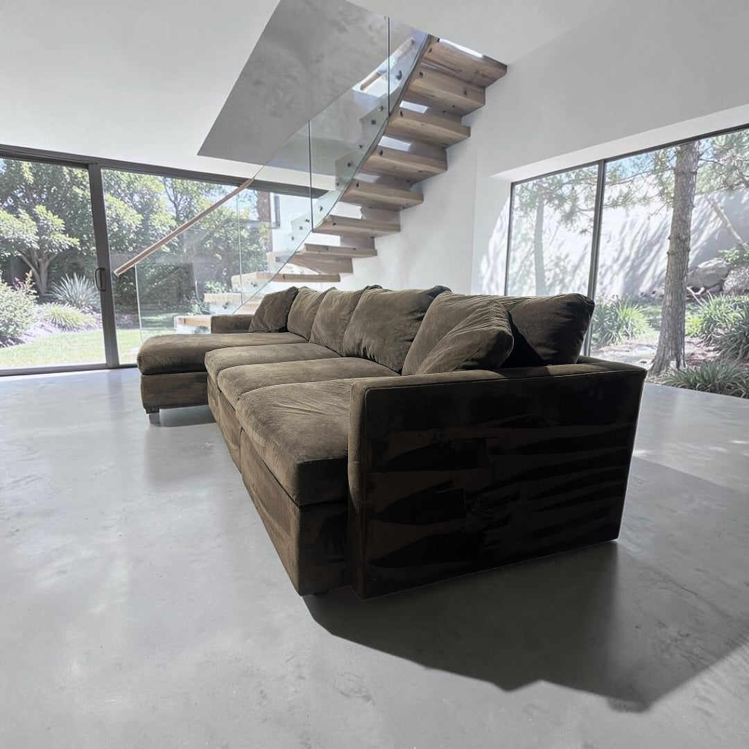 Crate & Barrel Lounge Deep 150” 3 Piece XL Deep Sofa Chaise Sectional in Velvet Microfiber Coffee