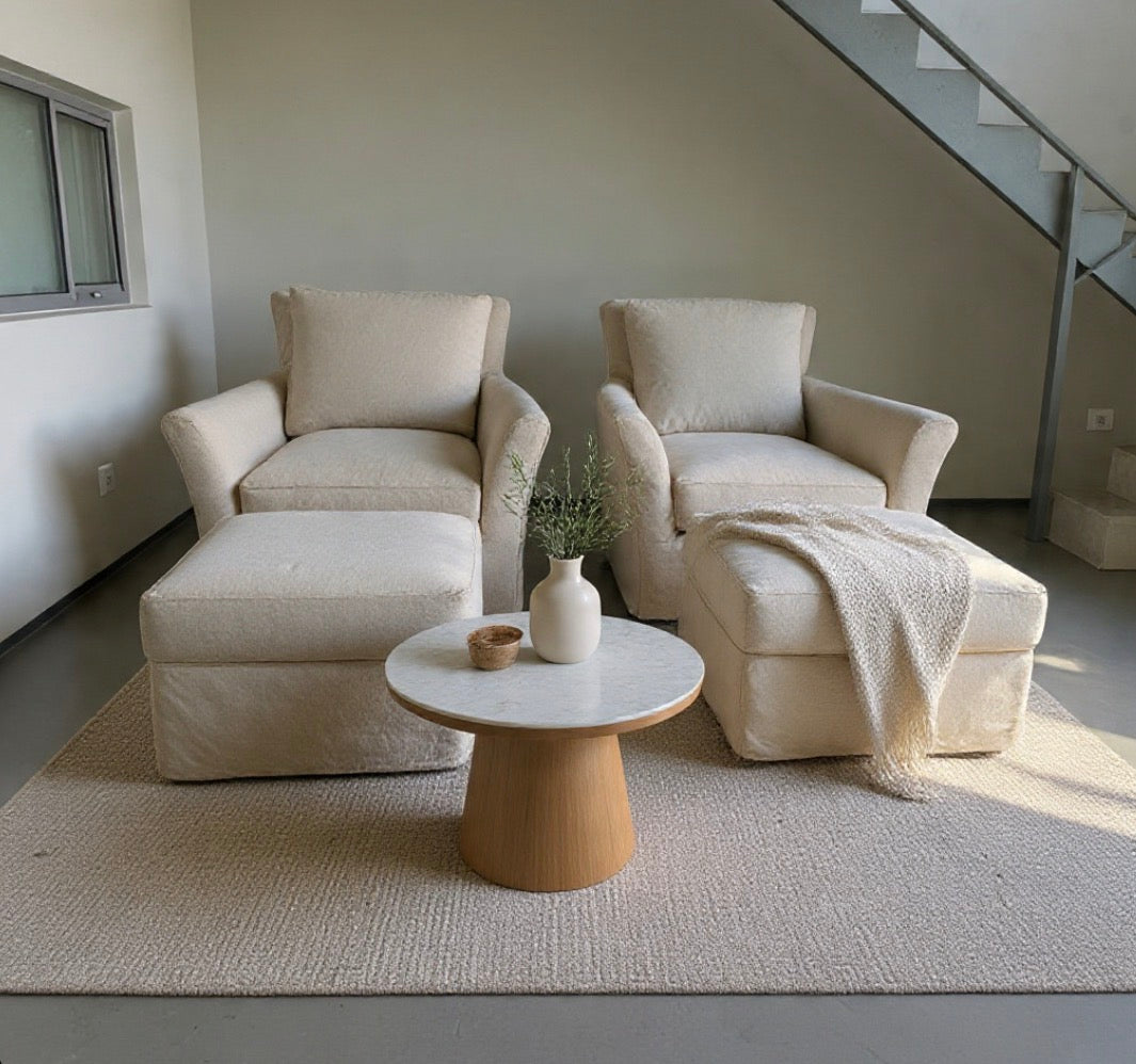 Crate & Barrel Slipcovered Swivel Rocking Chair with Slipcovered Rolling Ottoman in Muslin Natural