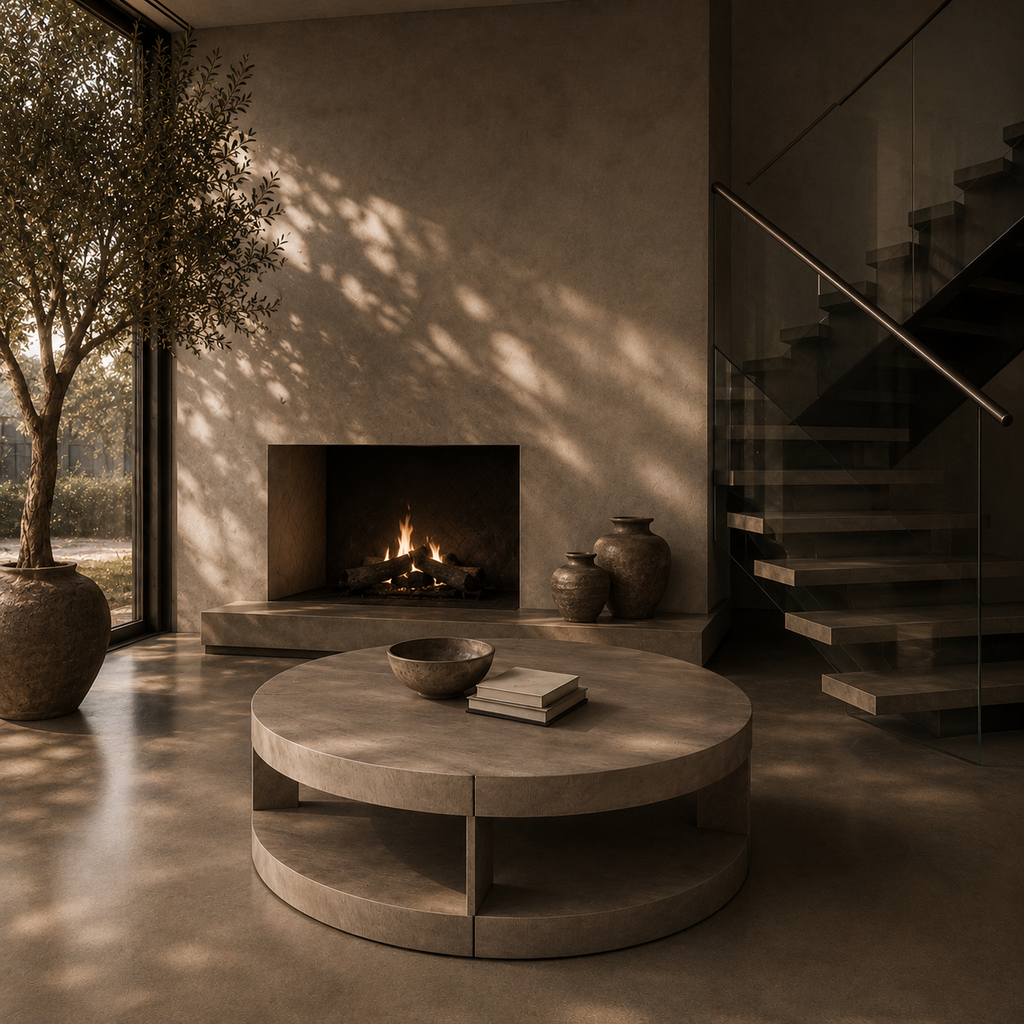 Restoration Hardware Ligne Open 55” Round Coffee Table in Brushed Brown Oak
