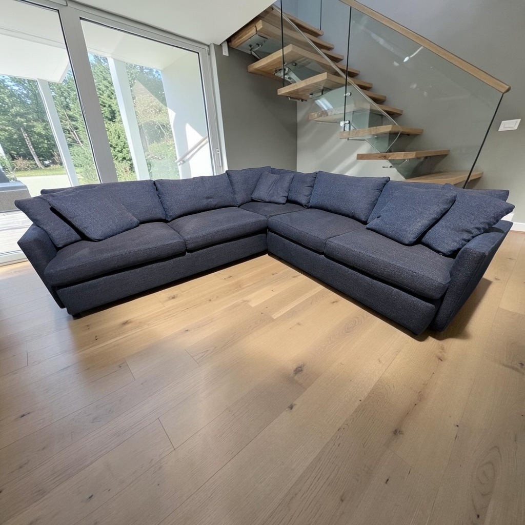 Crate & Barrel Lounge Deep 116” 3-Piece L-Shape Sectional in Taft Cobalt Linen Weave.