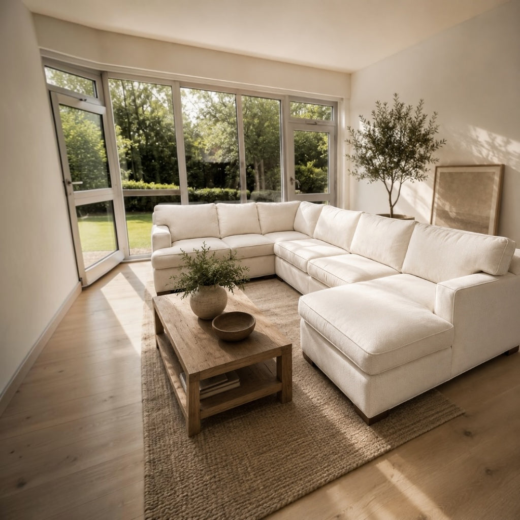 Arhaus Dune 138" U
Shape, 3 Piece Sofa Chaise Sectional, heavy down Blend cushions in Performance Nomad Snow Linen Weave