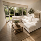 Arhaus Dune 138" U
Shape, 3 Piece Sofa Chaise Sectional, heavy down Blend cushions in Performance Nomad Snow Linen Weave