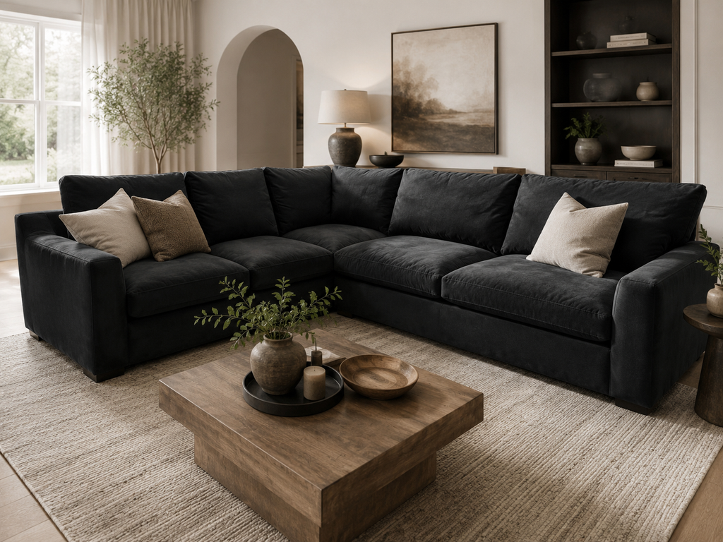 Room & Board Metro 113” x 97” L Shape Sectional Sofa in Dawson Ebony Velvet Microfiber
