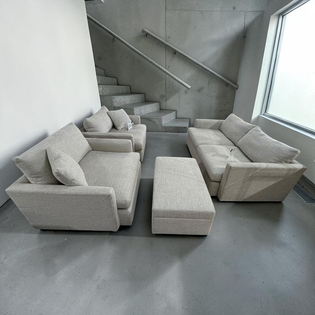 Crate & Barrel Lounge Deep 49” Chair & Half w/ Rolling Folding Table Ottoman in Taft Cement