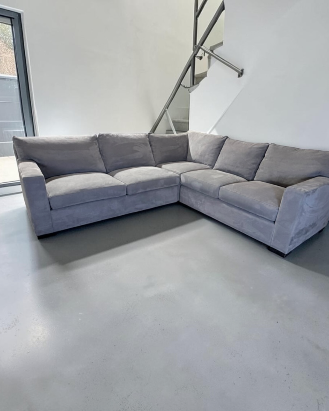 Crate & Barrel Axis 113 x 110, 3 Piece Sofa sectional, down blend in Douglas gray herringbone microfiber