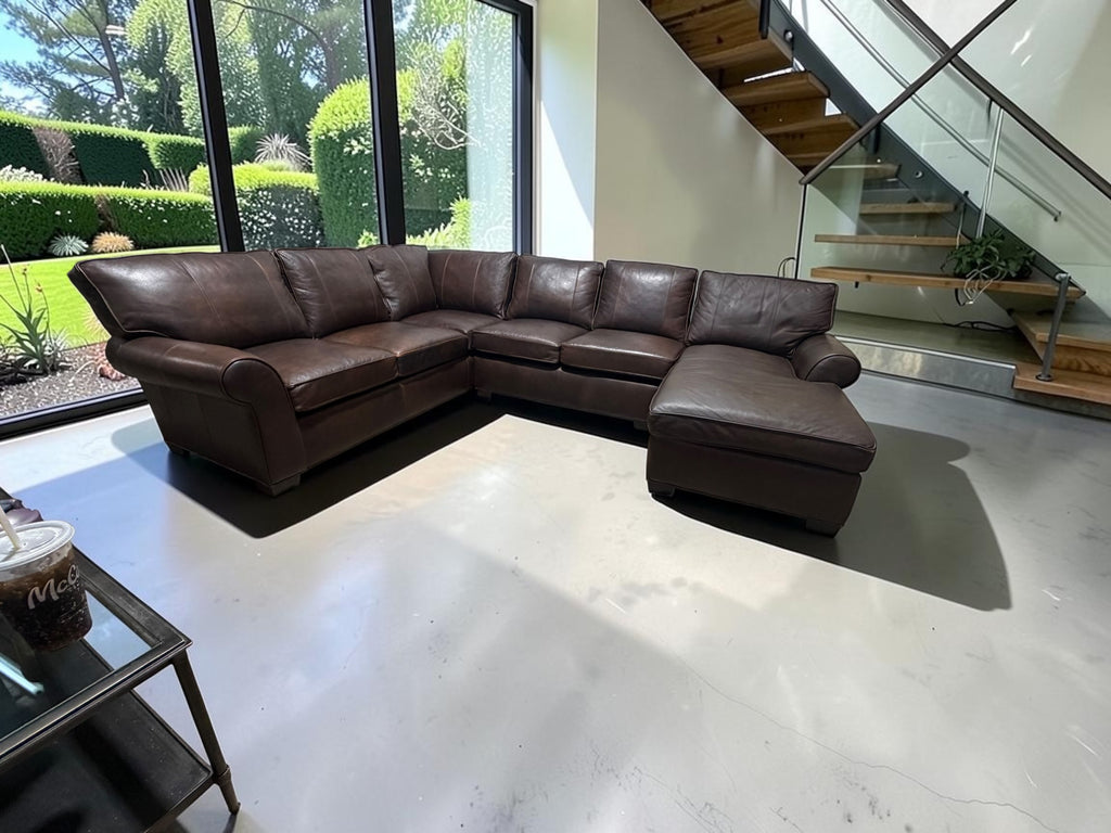 Arhaus Colby 124” 3 Piece U Shape Sofa Chaise Leather Sofa in Bronco Whiskey