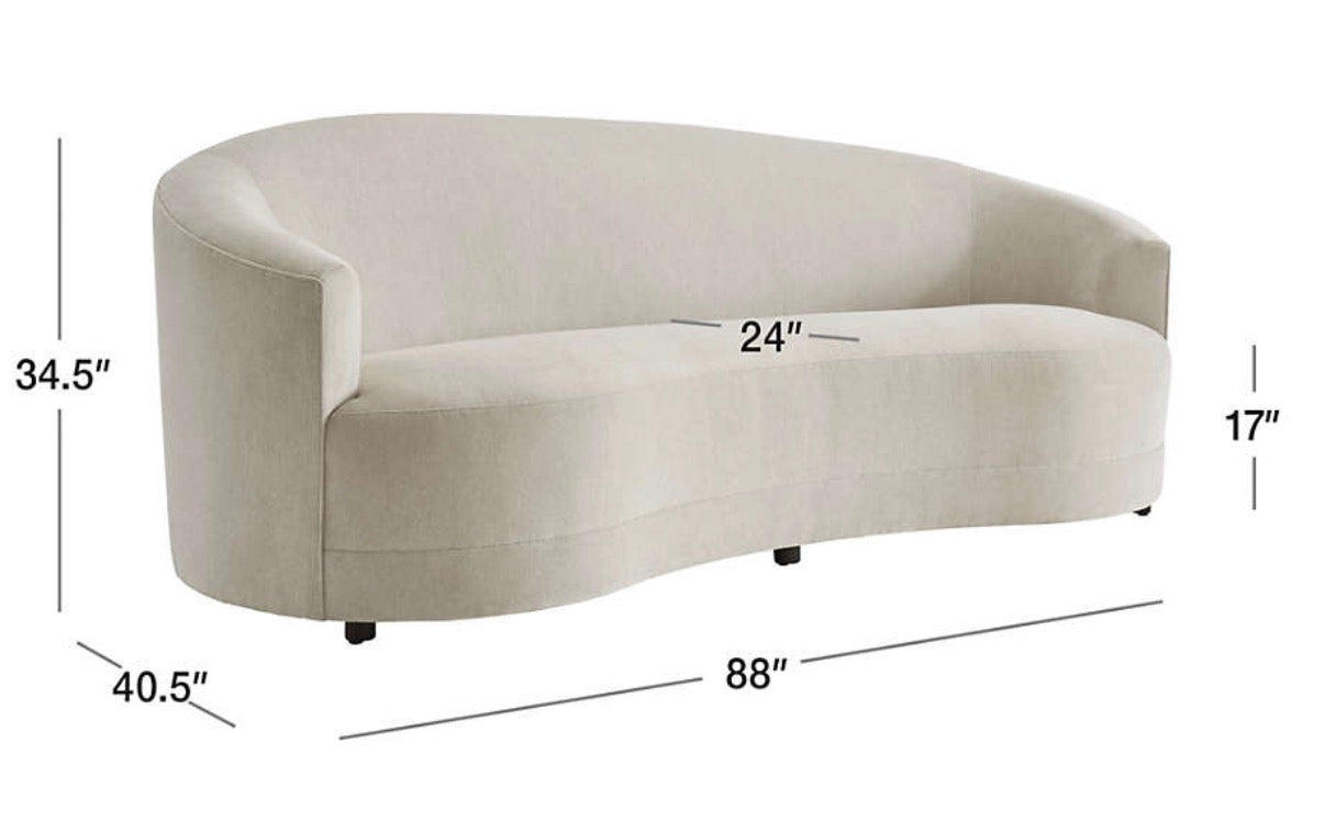 Crate & Barrel Infiniti 88” Curve Back Sofa in Synergy 
Fabric, Oatmeal Heathered Chenille