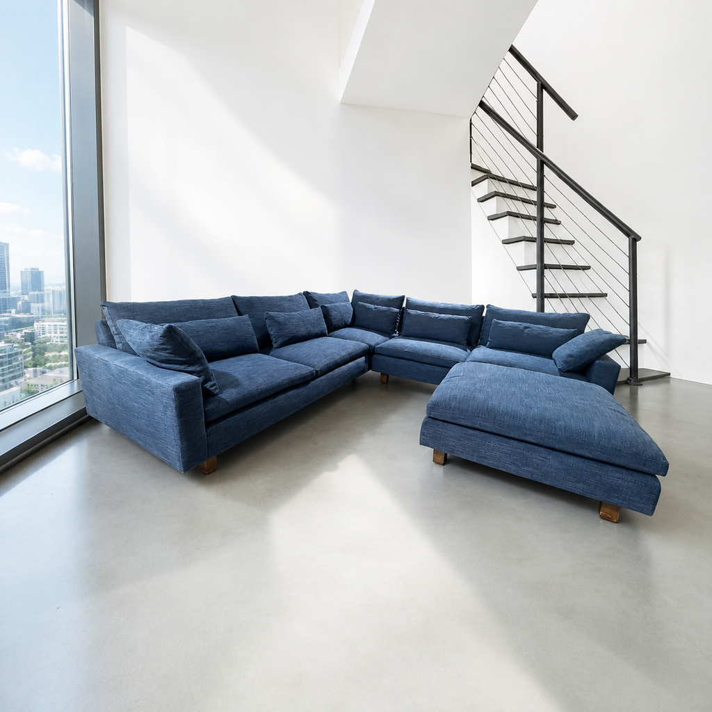 West Elm Harmony 117” 3 Piece L Shape w/ Ottoman in Midnight Performance Distressed Velvet