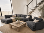 West Elm Haven 113" 2 piece Bumper Chaise Sectional & matching Chair in Charcoal Velvet Microfiber