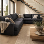 Crate & Barrel Lounge Deep 116” 3-Piece L-Shape Sectional in Taft Cobalt Linen Weave.