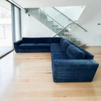 West Elm Urban 116” L Shape Corner sectional sofa, down blend cushions, ink, blue velvet.