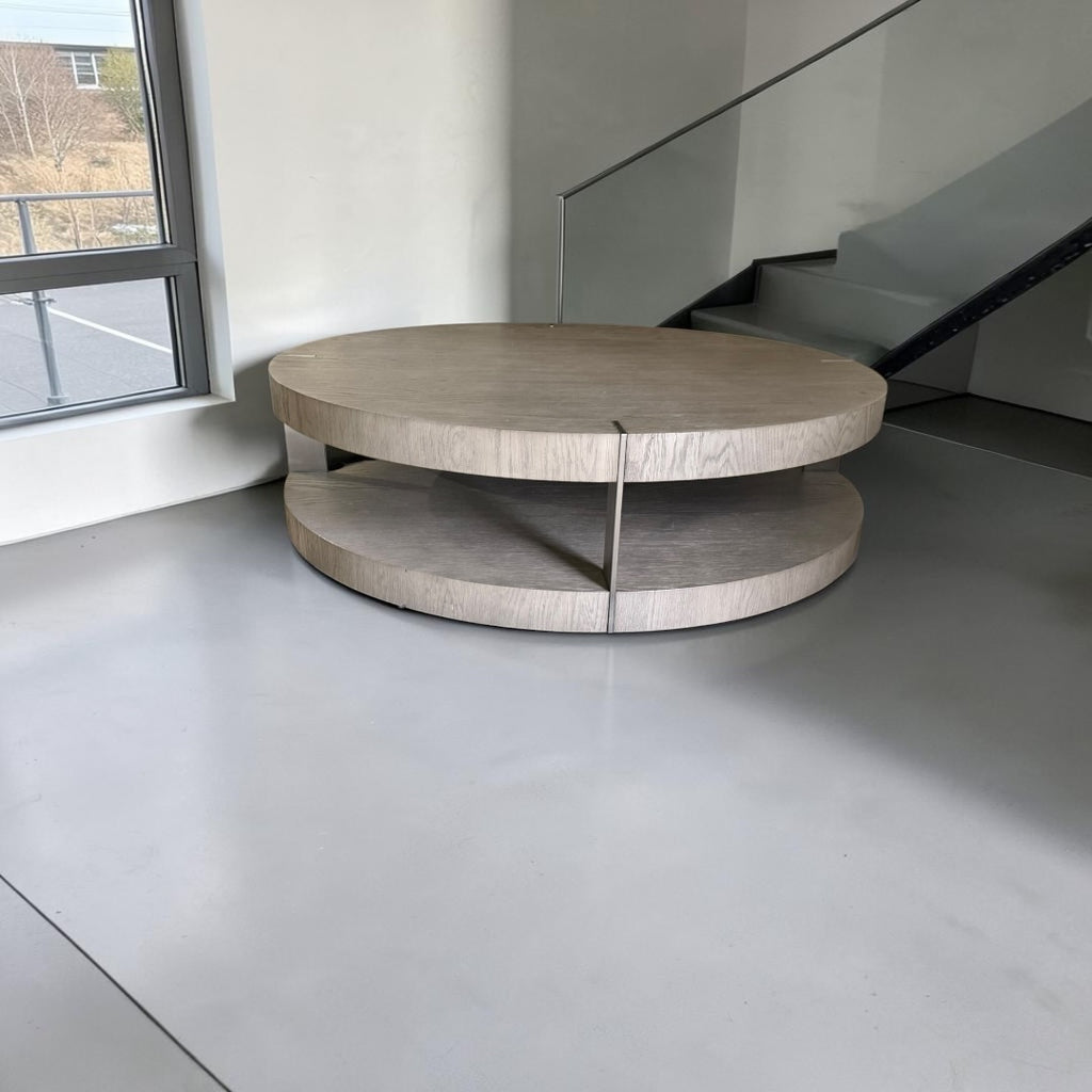 Restoration Hardware Ligne Open 55” Round Coffee Table in Brushed Brown Oak