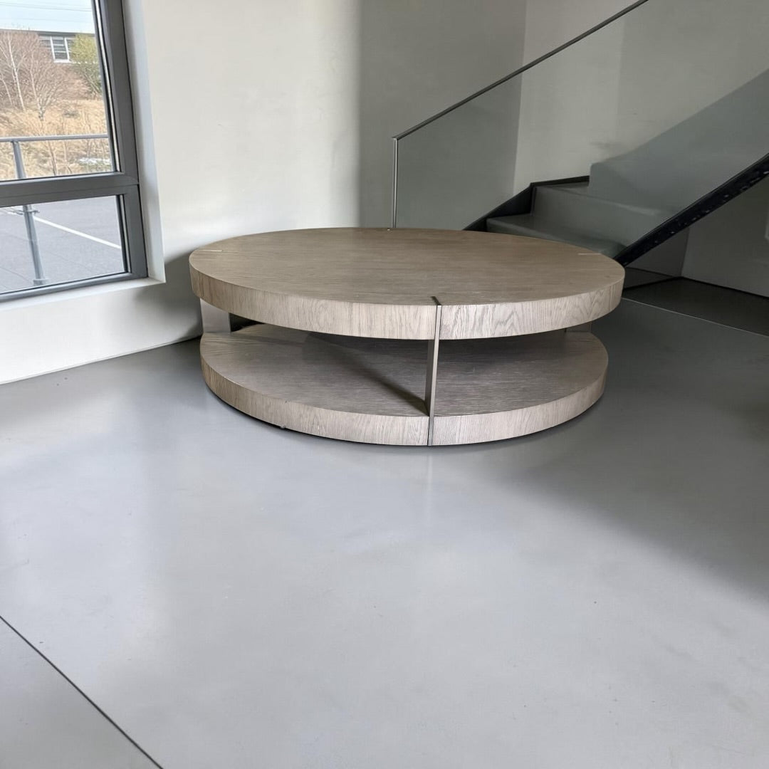Restoration Hardware Ligne Open 55” Round Coffee Table in Brushed Brown Oak