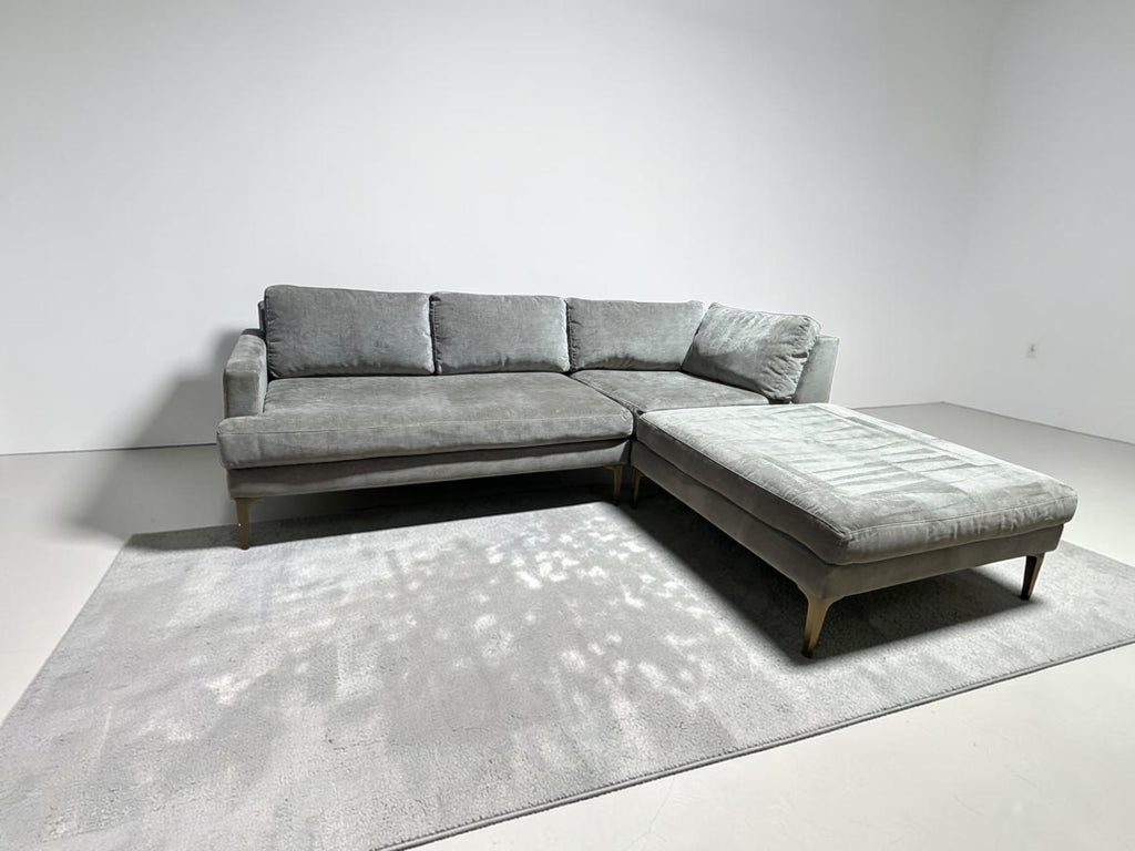 West Elm Andes 94” 3-Piece Ottoman Sectional in Mineral Gray, Performance Distressed Velvet
