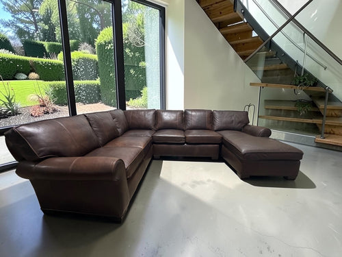 Arhaus Colby 124” 3 Piece U Shape Sofa Chaise Leather Sofa in Bronco Whiskey
