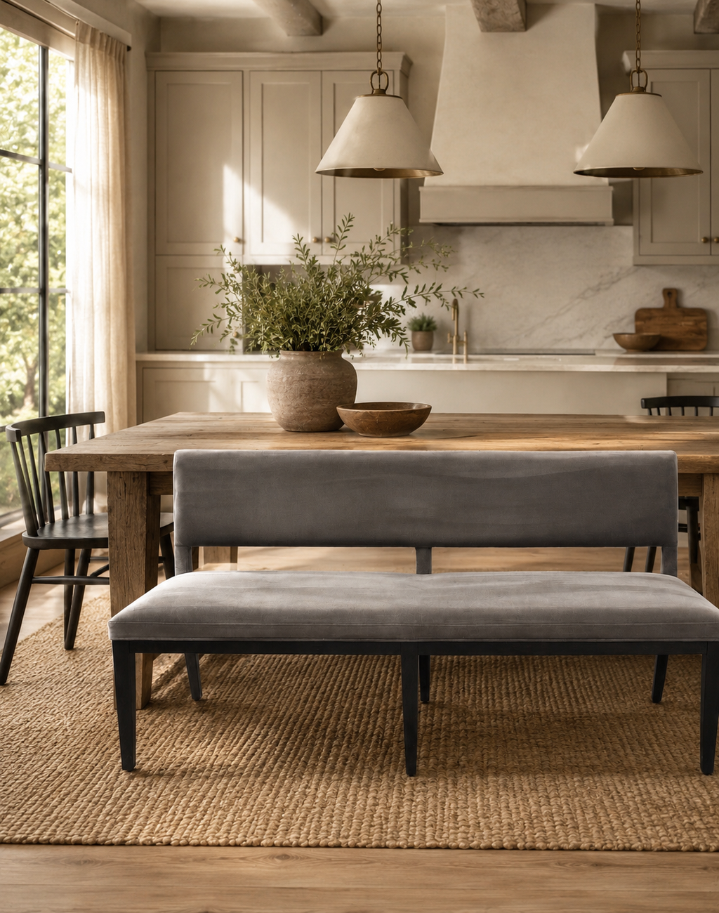 Four Hands Sara 70" Dining Bench in Washed Velvet Grey
