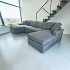 Room & Board York 136” Double Chaise in Sumner Lagoon Slates (greenish blue)