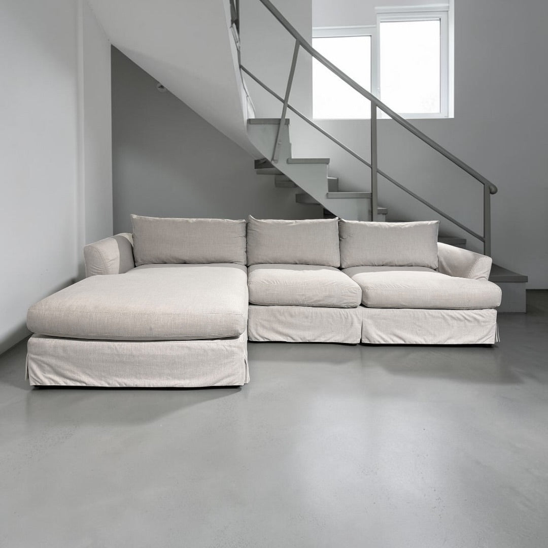 Arhaus Slipcovered Helena 122” 2 Piece Sofa Chaise Sectional in Natural Coastal Linen.