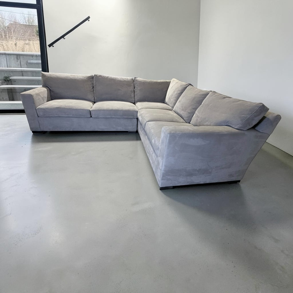 Crate & Barrel Axis 113 x 110, 3 Piece Sofa sectional, down blend in Douglas gray herringbone microfiber