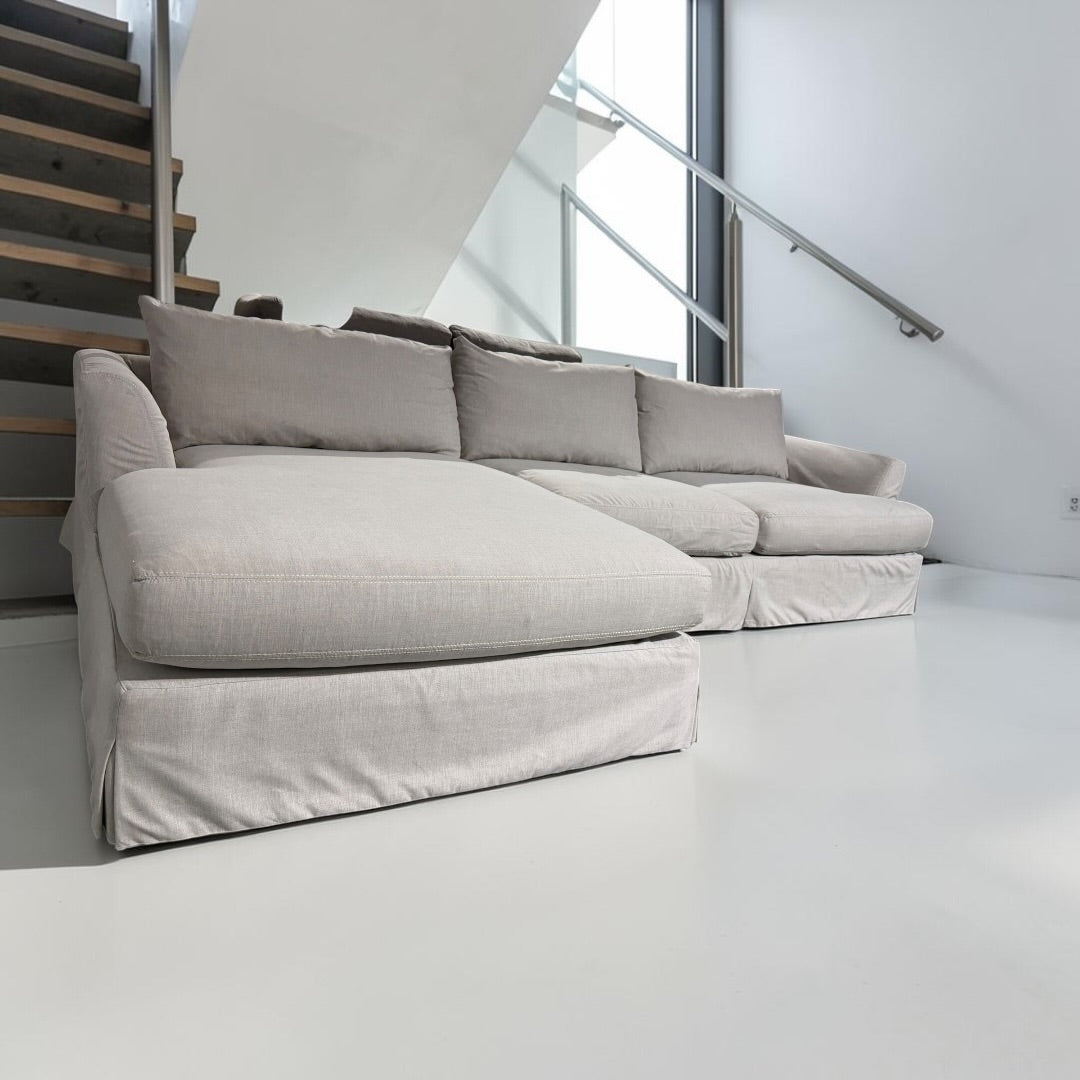 Arhaus Slipcovered Helena 122” 2 Piece Sofa Chaise Sectional in Natural Coastal Linen.
