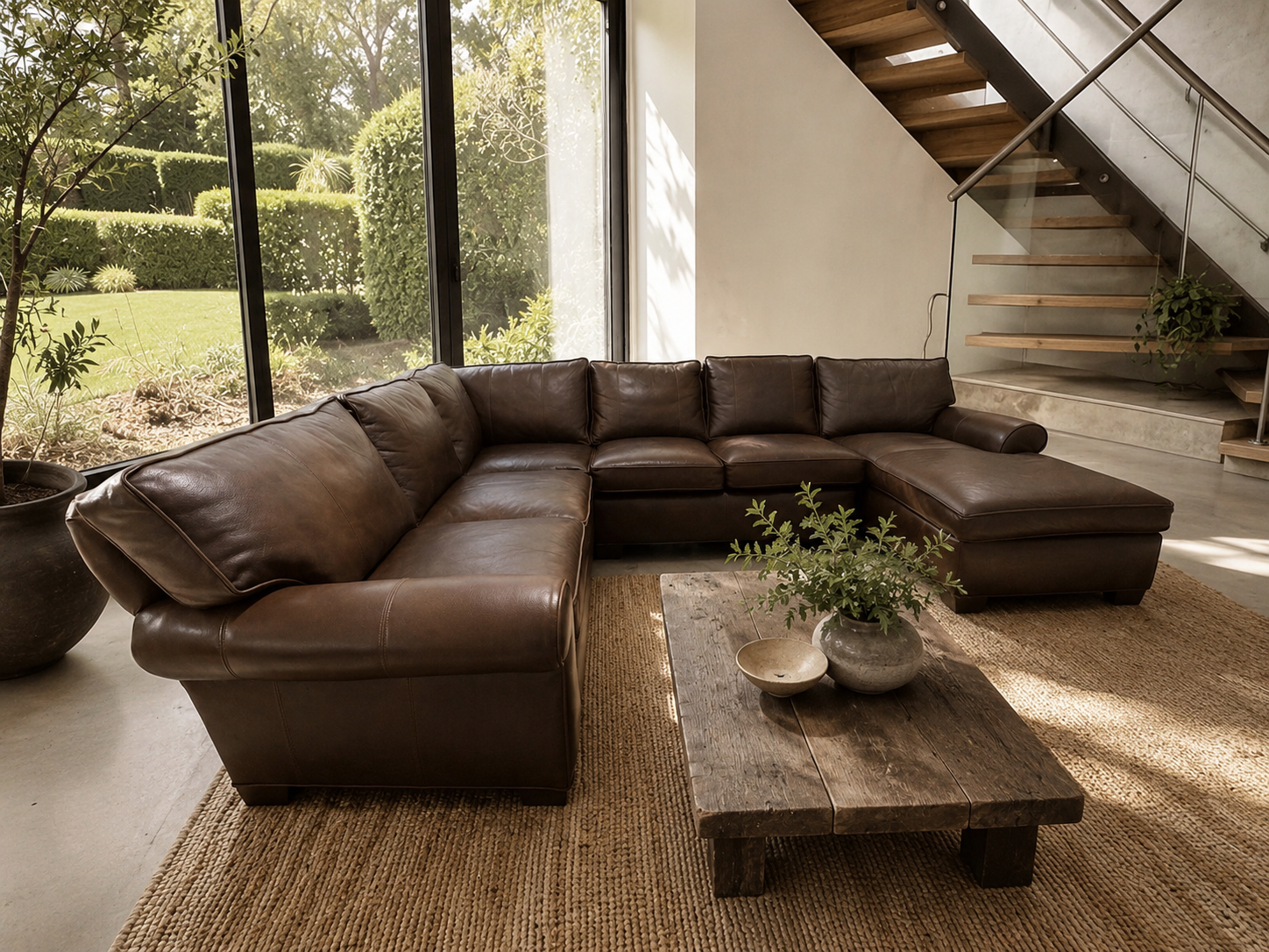 Arhaus Colby 124” 3 Piece U Shape Sofa Chaise Leather Sofa in Bronco Whiskey