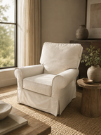Crate & Barrel PB Comfort Roll Arm Slipcovered Swivel Rocking Chair in Ivory, Performance Chateau Basketweave
