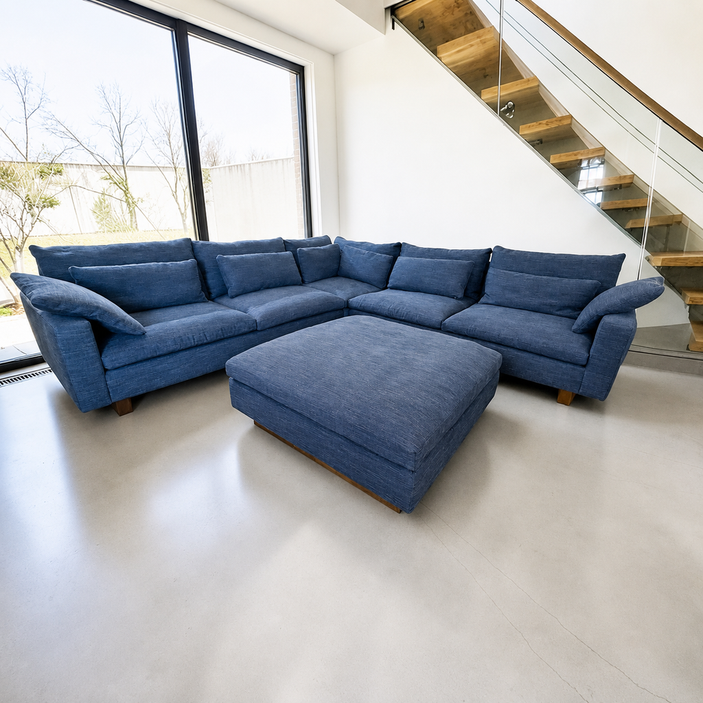 West Elm Harmony 117” 3 Piece L Shape w/ Ottoman in Midnight Performance Distressed Velvet