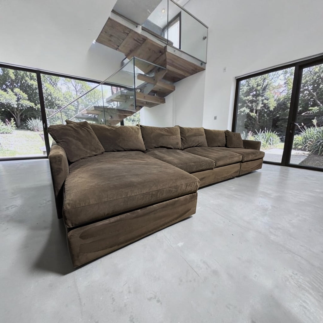 Crate & Barrel Lounge Deep 150” 3 Piece XL Deep Sofa Chaise Sectional in Velvet Microfiber Coffee