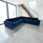 West Elm Urban 116” L Shape Corner sectional sofa, down blend cushions, ink, blue velvet.