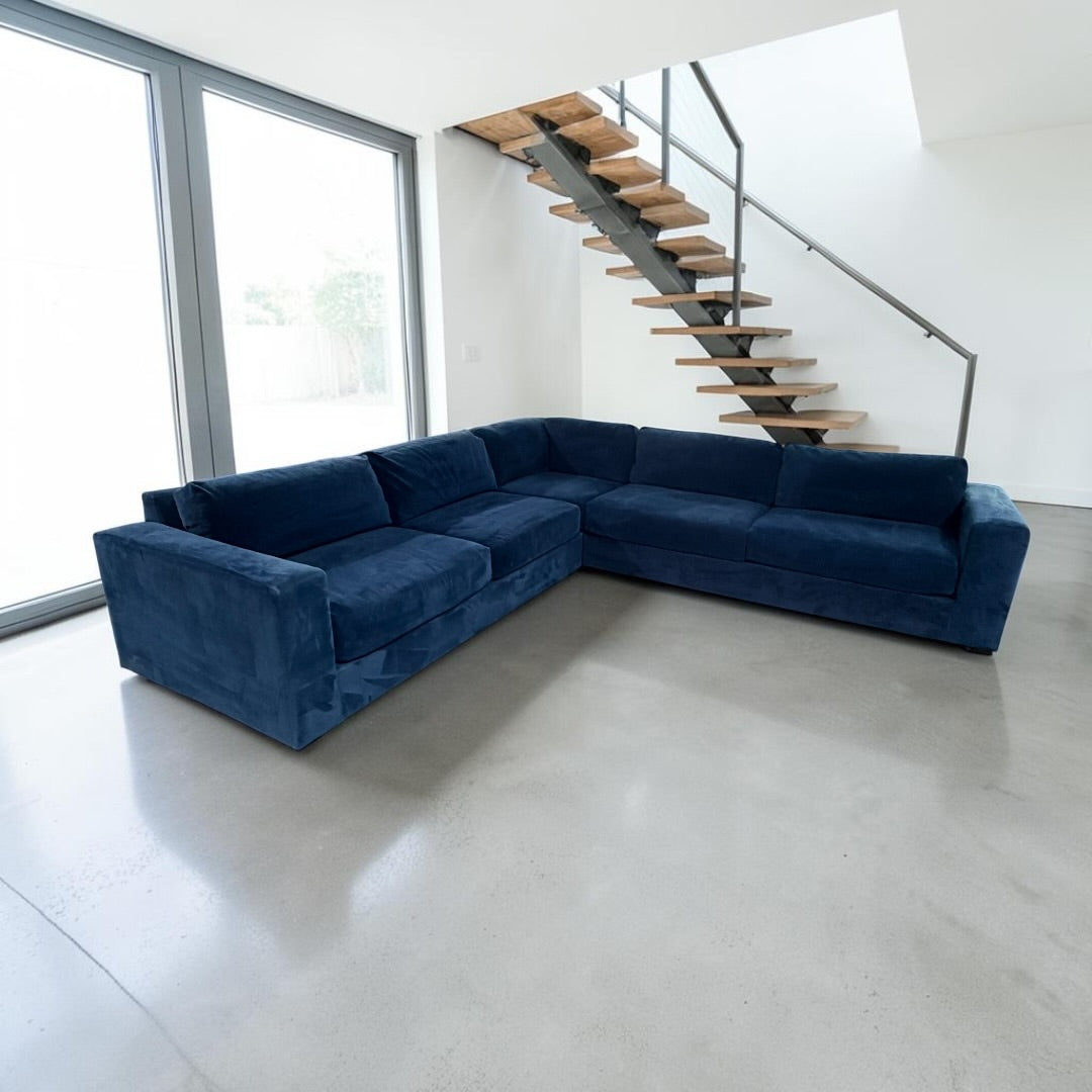 West Elm Urban 116” L Shape Corner sectional sofa, down blend cushions, ink, blue velvet.