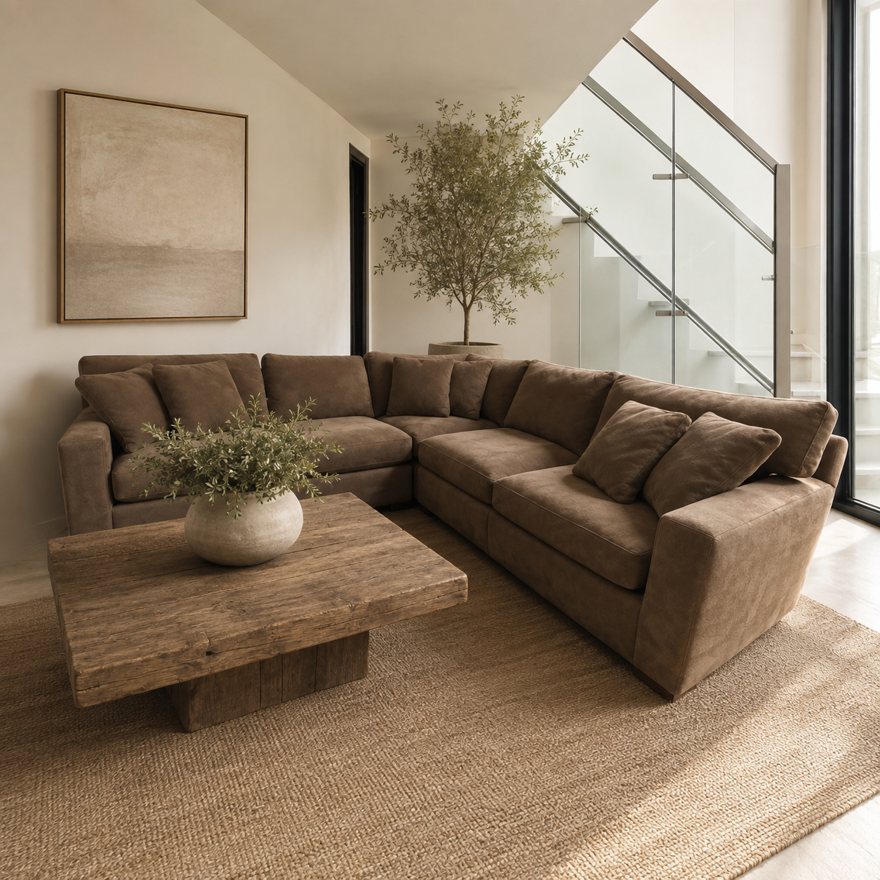 Crate & Barrel Axis 113" 3 Piece L Shape Sectional in Mammoth Mocha Teddy Bear (super soft fabric)