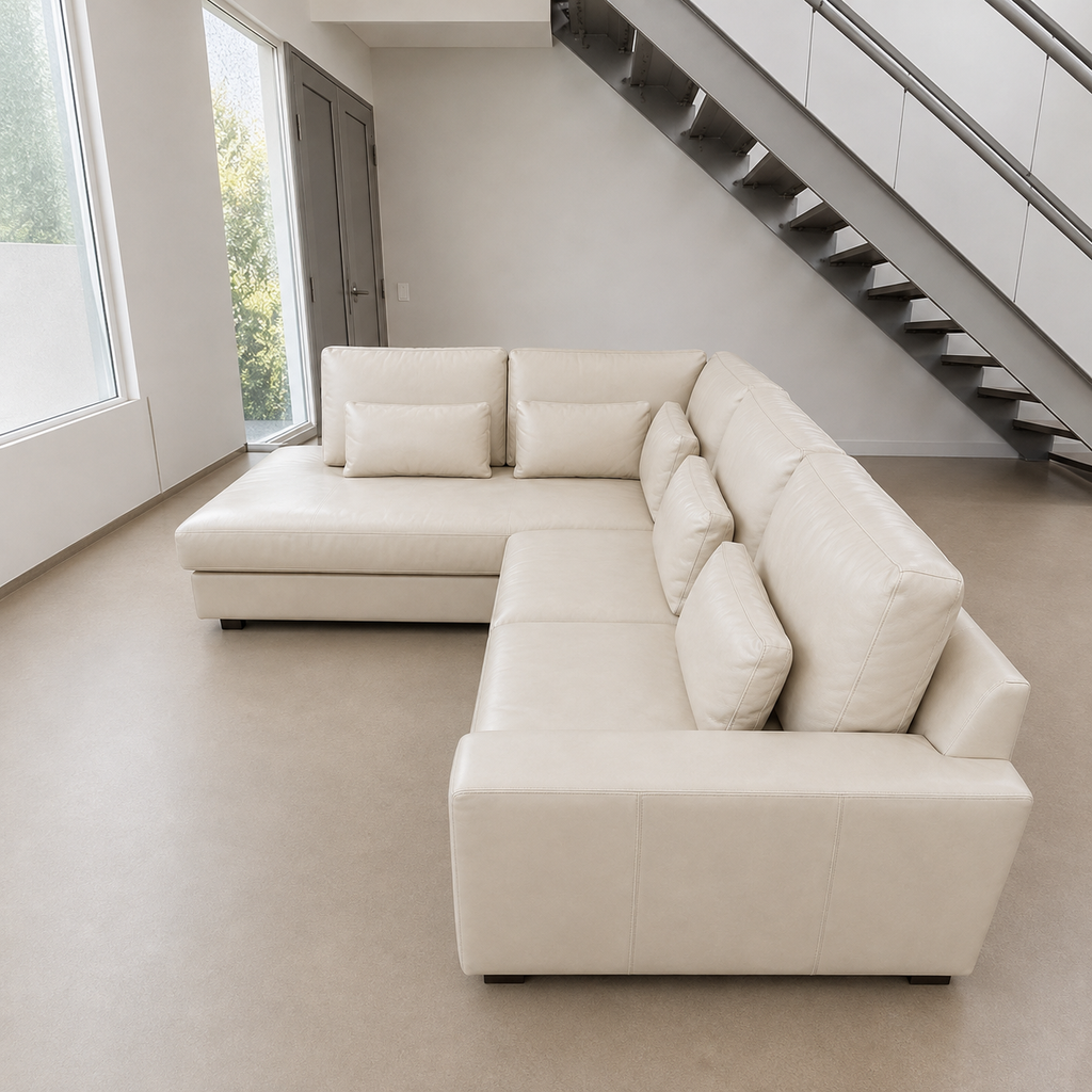 Potterybarn Big Sur 122" X 99" × Luxe 46" Deep Square Arm Leather Return Bumper Sectional in Signature Chalk Leather