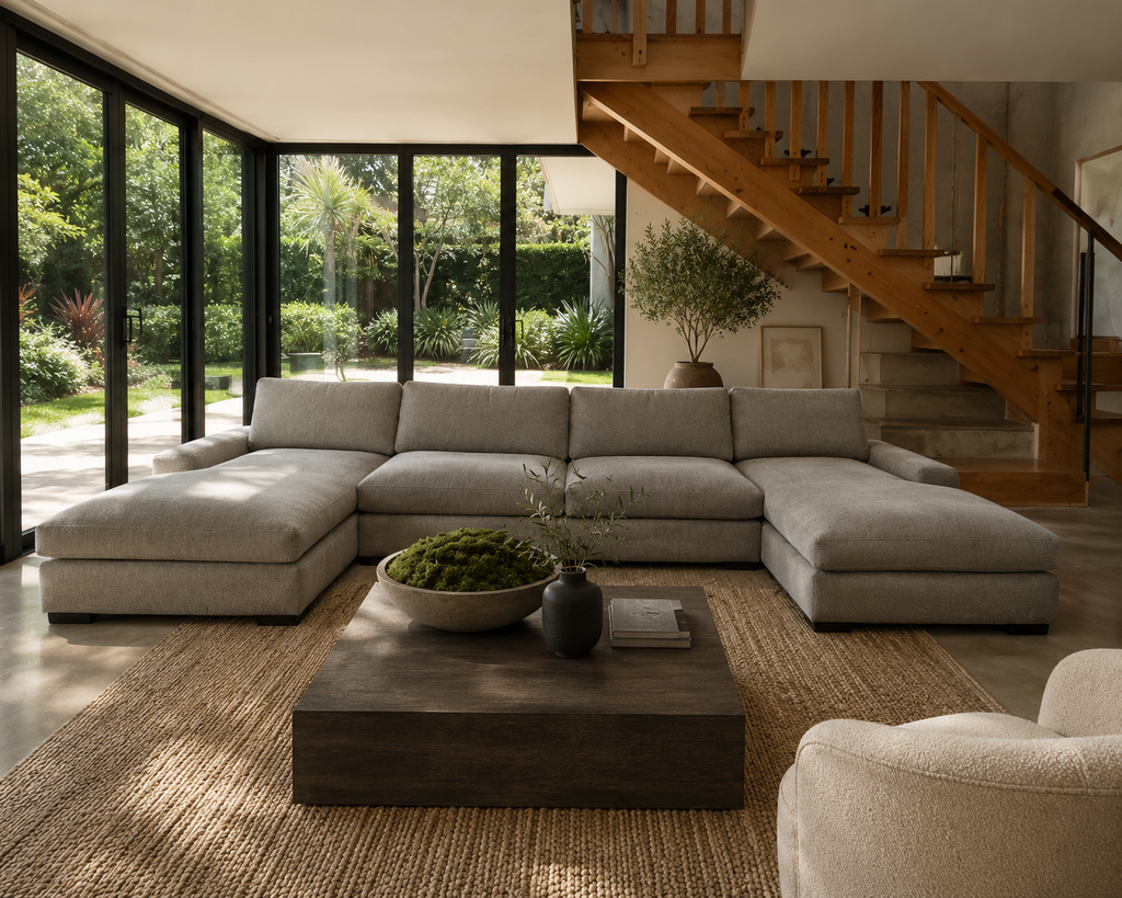 Arhaus Dune 164” 4 Piece Double Sofa Chaise heavy down blend cushions in Cushing fabric.