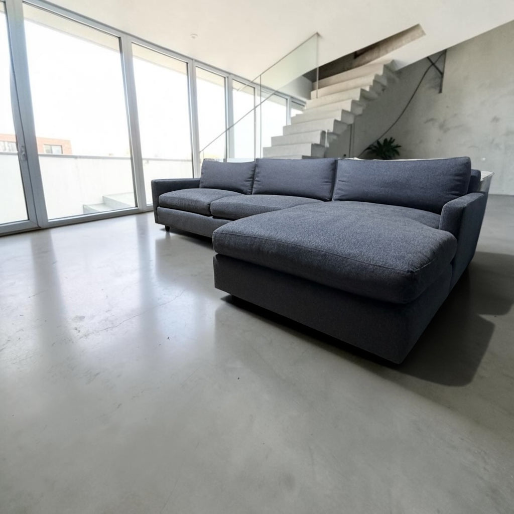 Room & Board Linger 116” 2 piece Sofa Chaise Sectional, Down Blend Cushions in Sumner Navy.