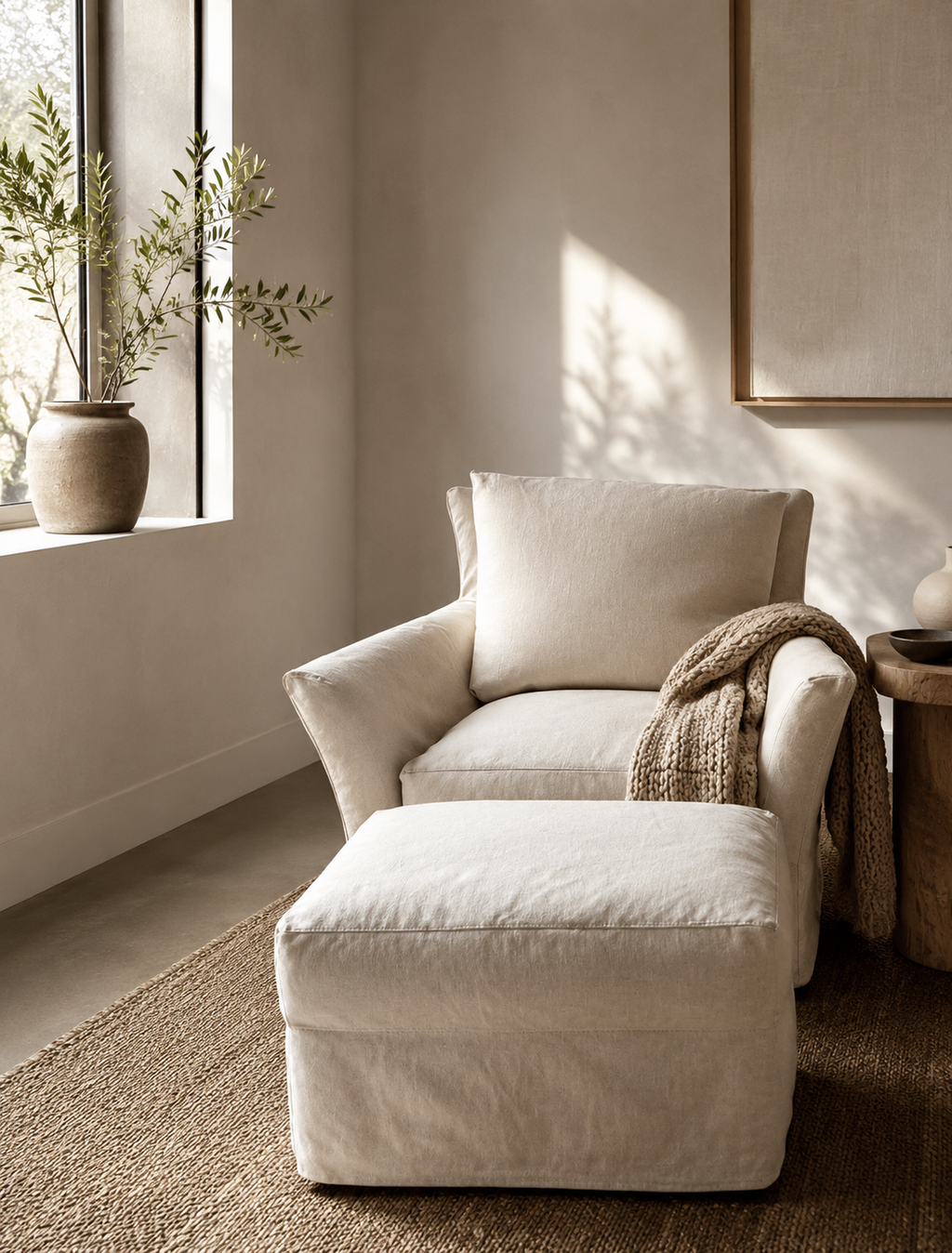 Crate & Barrel Slipcovered Swivel Rocking Chair with Slipcovered Rolling Ottoman in Muslin Natural