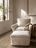 Crate & Barrel Slipcovered Swivel Rocking Chair with Slipcovered Rolling Ottoman in Muslin Natural
