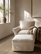 Crate & Barrel Slipcovered Swivel Rocking Chair with Slipcovered Rolling Ottoman in Muslin Natural