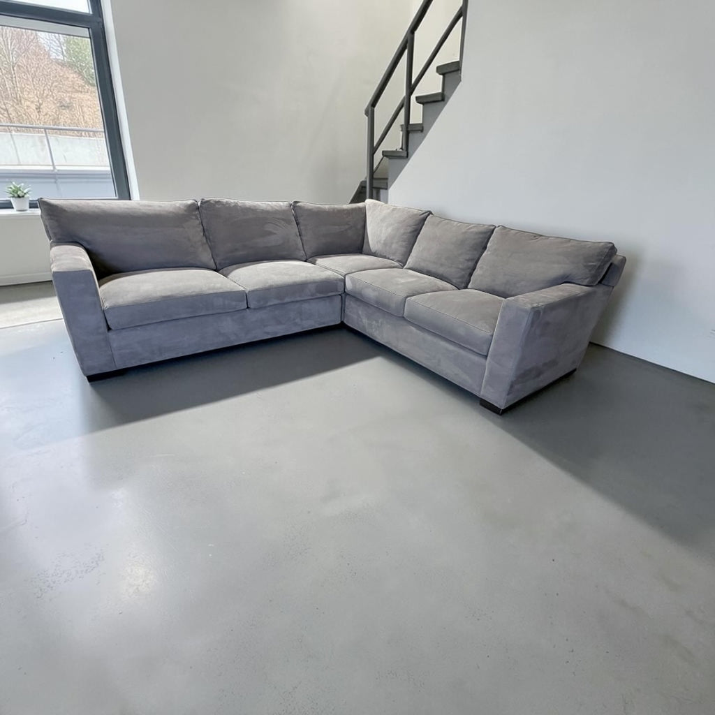 Crate & Barrel Axis 113 x 110, 3 Piece Sofa sectional, down blend in Douglas gray herringbone microfiber