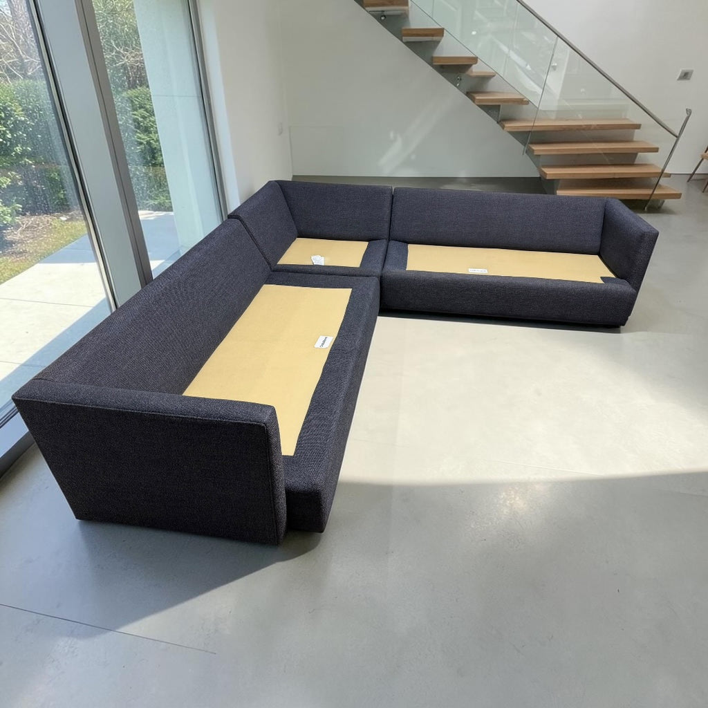 Crate & Barrel Lounge Deep 116” 3-Piece L-Shape Sectional in Taft Cobalt Linen Weave.