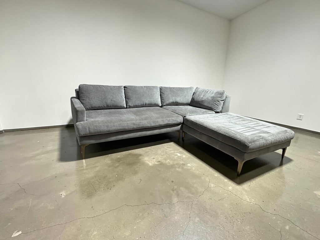 West Elm Andes 94” 3-Piece Ottoman Sectional in Mineral Gray, Performance Distressed Velvet