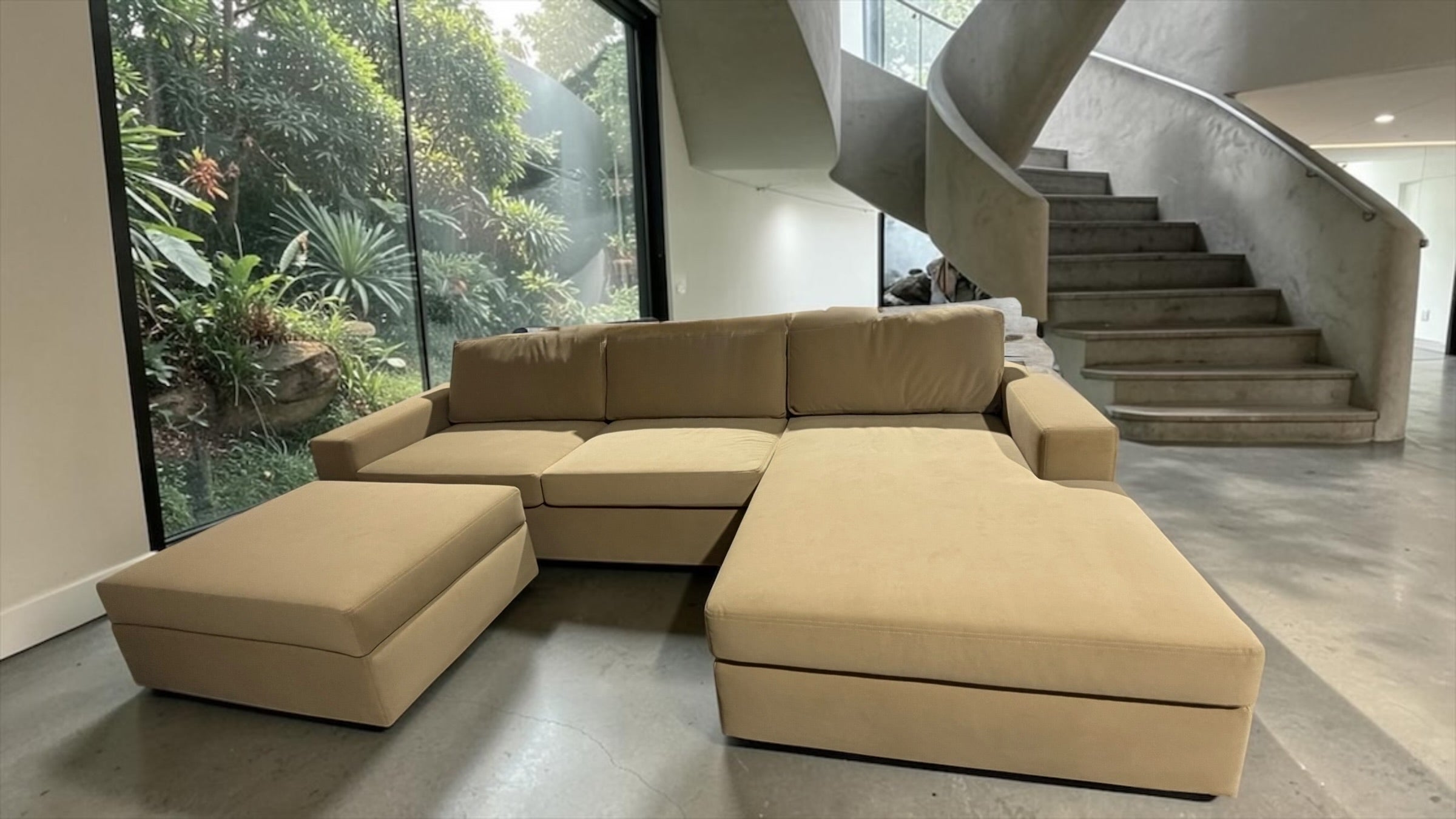 Albany Park 122" Barton Sofa Chaise Sectional in Camel Tan Performance Velvet