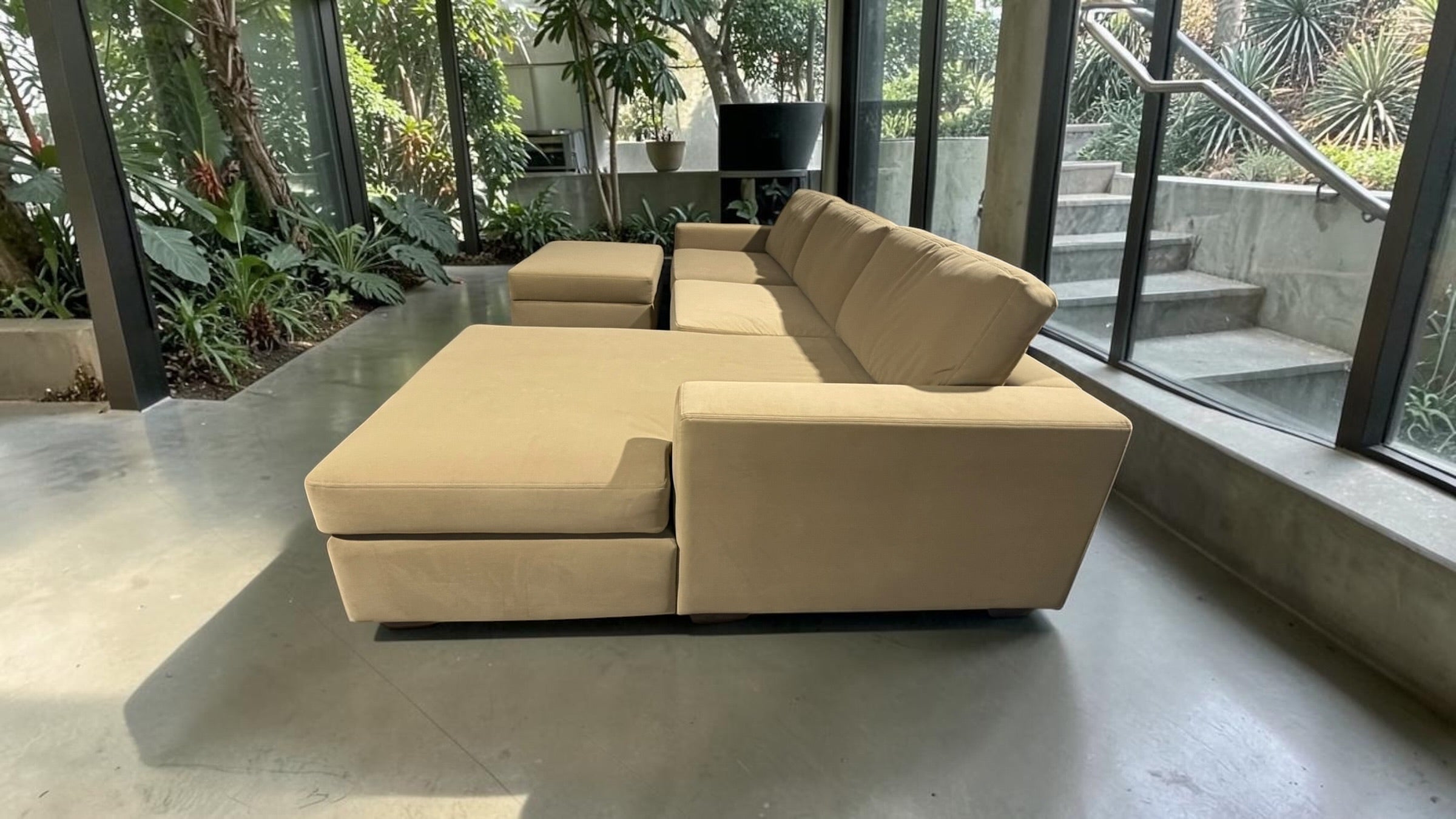 Albany Park 122" Barton Sofa Chaise Sectional in Camel Tan Performance Velvet