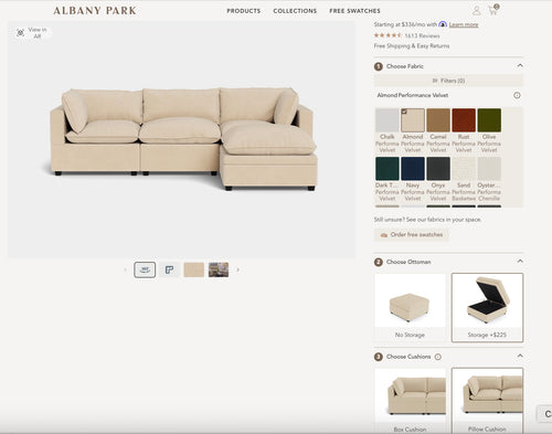 Albany Park Kova 122” Sofa + Storage Ottoman 4 Piece Pillow Cushion in Almond Performance Velvet