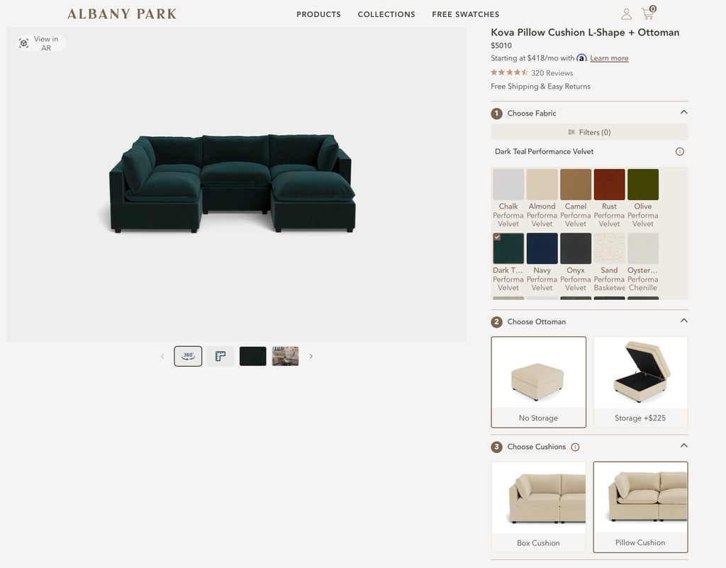 Albany Park Kova 5 Piece Pillow Cushion Modular 5 Piece L-Shape + Storage Ottoman Dark Teal Performance Velvet