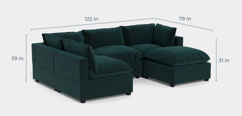 Albany Park Kova 5 Piece Pillow Cushion Modular 5 Piece L-Shape + Storage Ottoman Dark Teal Performance Velvet