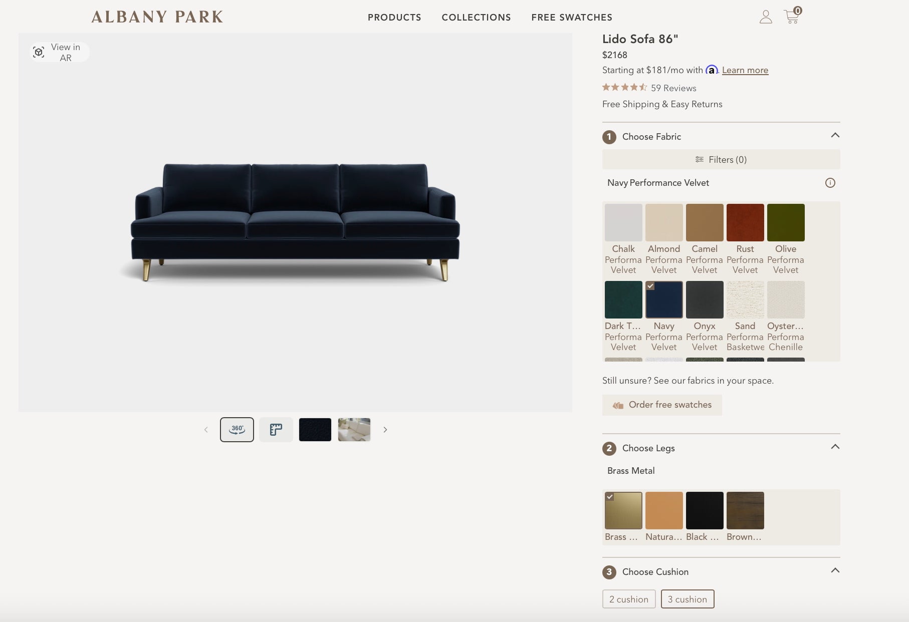 Albany Park Lido 86" Sofa in Navy performance velvet, Walnut feet