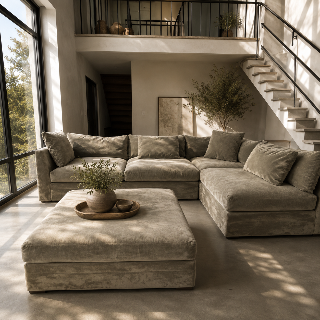 Arhaus Pavo 2-
Piece Sectional w/ Ottoman in Adria Sage Performance Microfiber