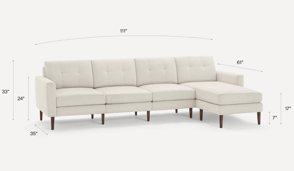 Burrow Nomad King Sectional, Reversible Chaise, Reversible Tuft or Flat Back Cushion in Georgia Clay - Performance Chenille