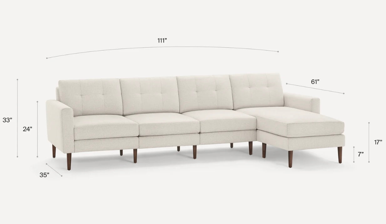 Burrow Nomad King Sectional, Reversible Chaise, Reversible Tuft or Flat Back Cushion in Georgia Clay - Performance Chenille